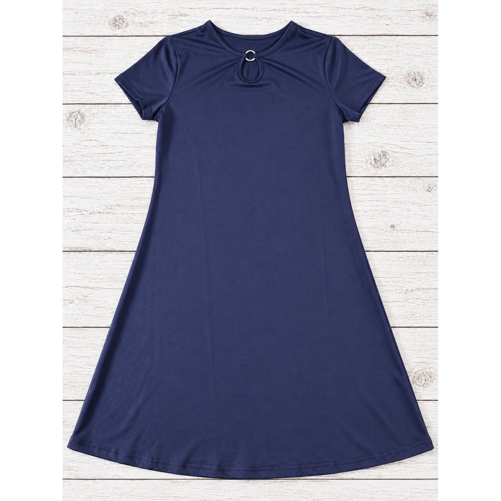 Emery Rose Dress Short Sleeve Keyhole O-Ring Navy Blue Mini Shift Casual Small